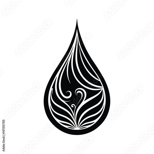 Elegant black and white water drop design featuring floral elements and decorative line art on a white background