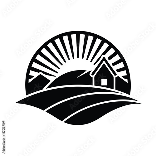 Silhouette of a farmhouse with fields and sunburst representing nature and agriculture in black and white