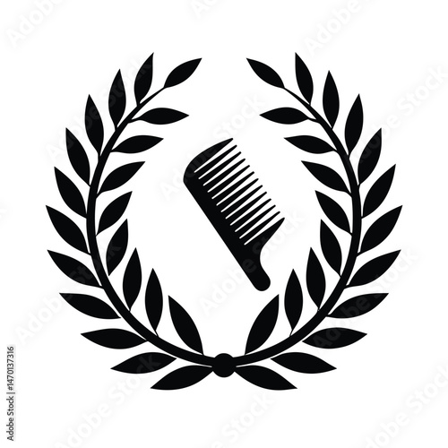Black and white emblem of a comb surrounded by a laurel wreath suitable for hair salons
