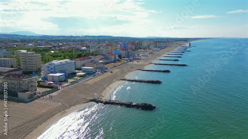 Italy, May 10, 2025: aerial view of the Misano Adriatico beach in the province of Rimini on the Romagna Riviera photo
