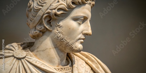 Ancient Roman Emperor, Marble Bust Profile, Serene Expression, Detailed Carving, History, Imperial Majesty, Timeless Artifact, Museum Display, Classic Sculpture photo