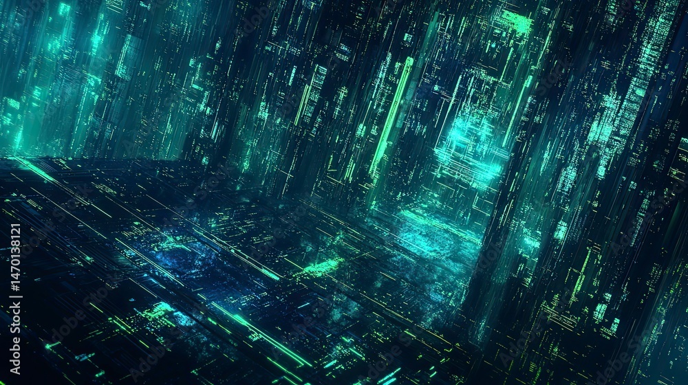 Obraz premium Futuristic cityscape with a lot of green buildings and lights. The buildings are tall and sleek