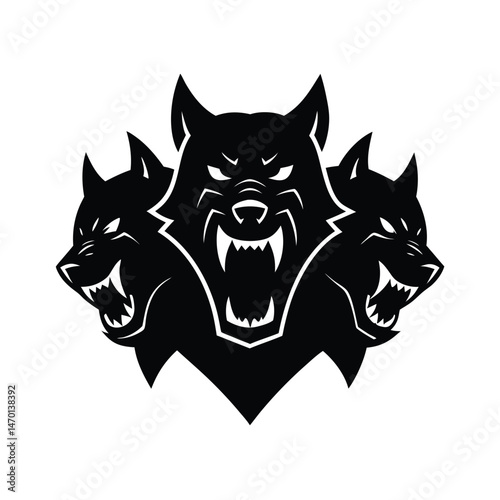 Powerful black and white illustration of a three headed wolf depicting aggression and strength