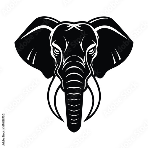 Bold black and white elephant head illustration representing power strength and wisdom isolated on white background