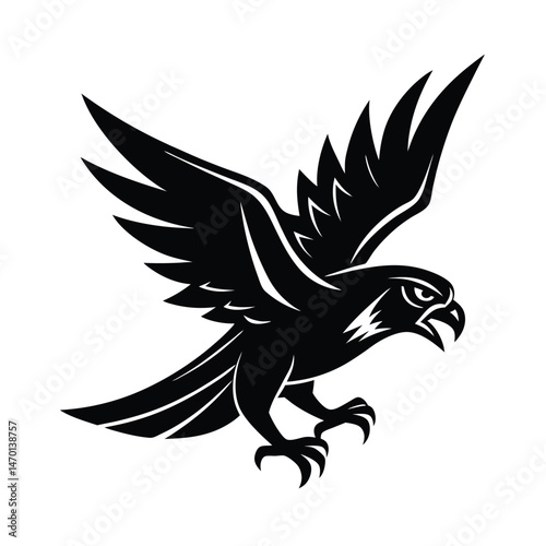 Powerful black falcon silhouette with open wings in a dynamic flight pose on white background
