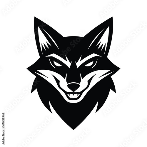 Aggressive and menacing black and white fox head logo suitable for sports team branding or mascot design