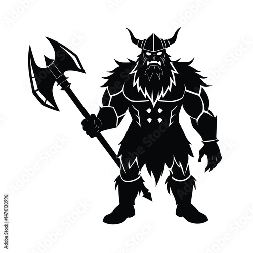 Powerful viking warrior silhouette holding battle axe ready for combat against adversaries in graphic style