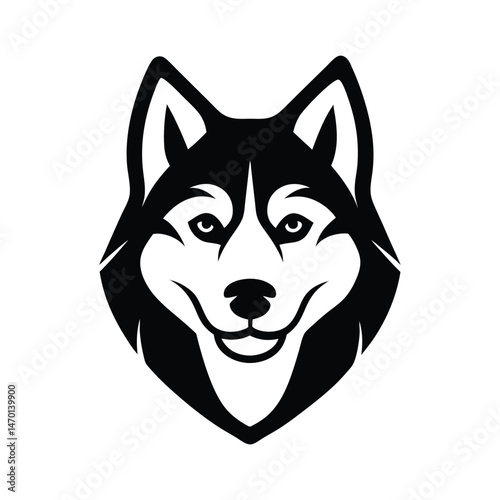 Detailed black and white husky dog head logo design showing a smiling face and strong expression