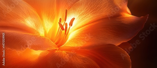 Illuminated orange flower closeup, dark background, nature photography, website banner