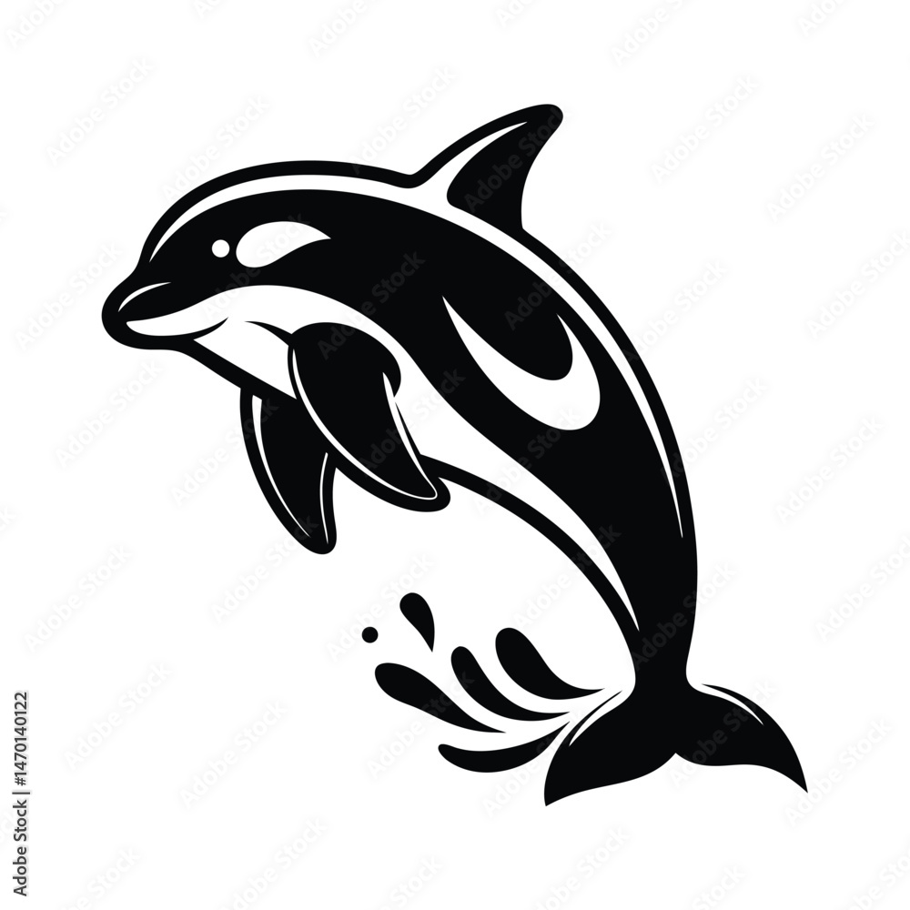 Fototapeta premium Black and white jumping orca killer whale design silhouette with water splashes on a white background