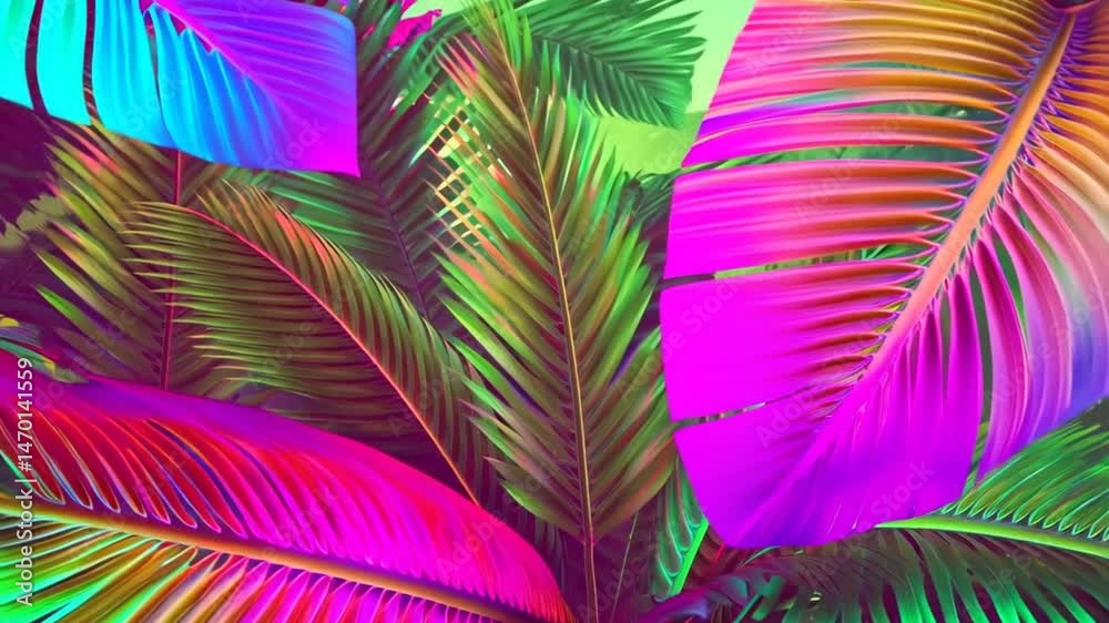 Vibrant palm leaves background with glowing neon color palette tropical vibes