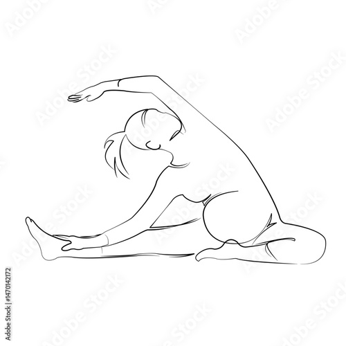 One continuous single drawing line art flat doodle yoga, pregnant, woman, lifestyle, exercise, fitness, pregnancy. Isolated image hand draw contour on a white background, hand drawn, not AI