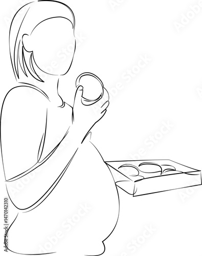 One continuous single drawing line art flat doodle pregnant, eating, food, indoor, mother, donut. Isolated image hand draw contour on a white background, hand drawn, not AI