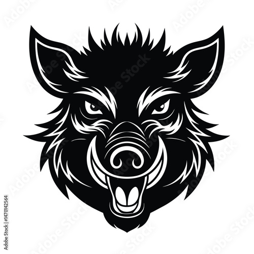 Bold black and white illustration of a fierce wild boar head suitable for badges or emblems