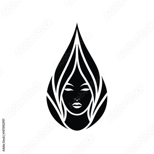Elegant minimalist female face illustration within a drop shape symbolizing beauty and femininity design