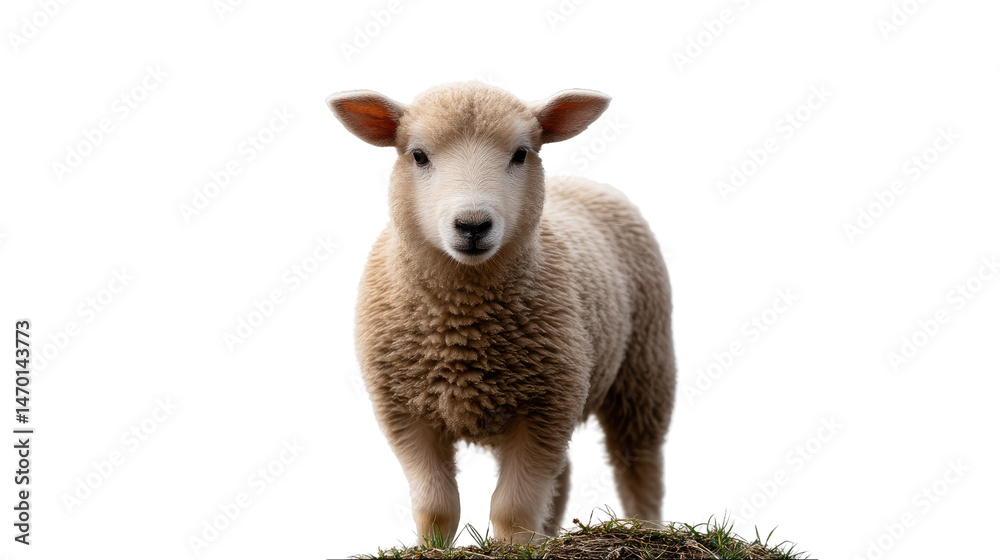 Fototapeta premium Sweet Lamb: A charming lamb stands gracefully, its fluffy fleece and innocent gaze capturing the essence of farm life, framed by a serene background.