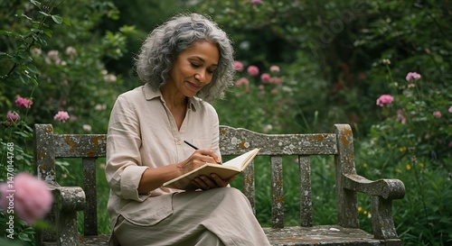 Woman Writing in Notebook on Bench in Garden