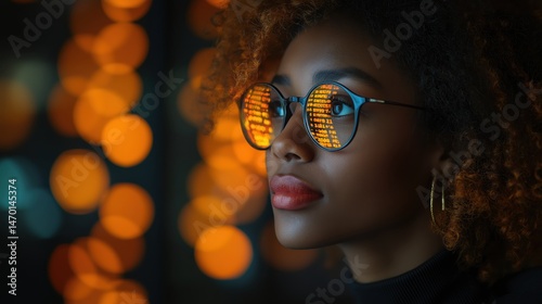 Woman engaging with digital marketing data while wearing stylish eyewear in a vibrant, illuminated setting