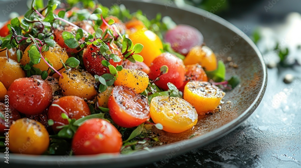 Colorful tomato salad with microgreens Colorful tomato salad with microgreens