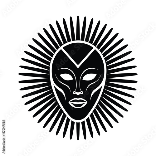 A stylized vector illustration of an african mask with sun rays on white background for graphic design.