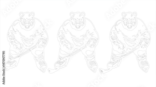 Vector Illustration Of Hockey Bear Player In Action Three White Variations For Laser Cutting Design