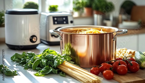 Copper pot on kitchen counter with tomatoes, cucumbers, garlic, herbs, spaghetti, and modern appliance. photo