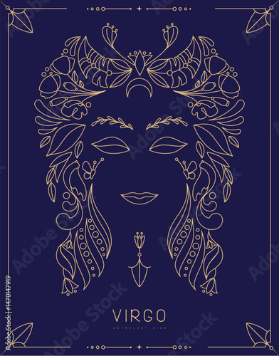 Modern magic witchcraft card with astrology Virgo zodiac sign with floral ornament. Line art vector illustration