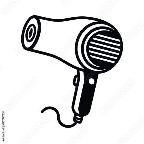 Black and white illustration of a hair dryer with a rounded nozzle and a handle detail