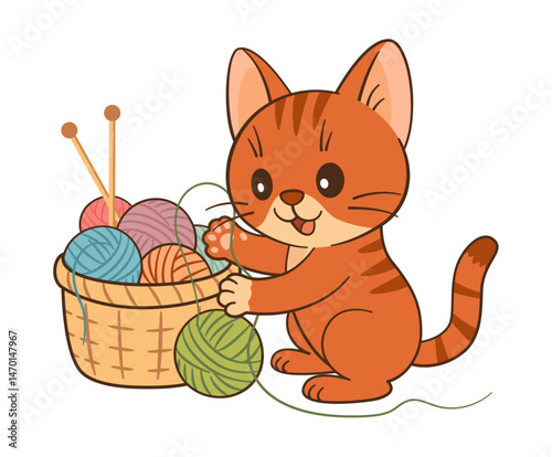 Cute orange tabby cat playing with balls of yarn. Basket with balls of yarn in different colors and two knitting needles. Hand drawn Flat chibi style. Ideal for books, apps, DIY, pet shop, hobby sites