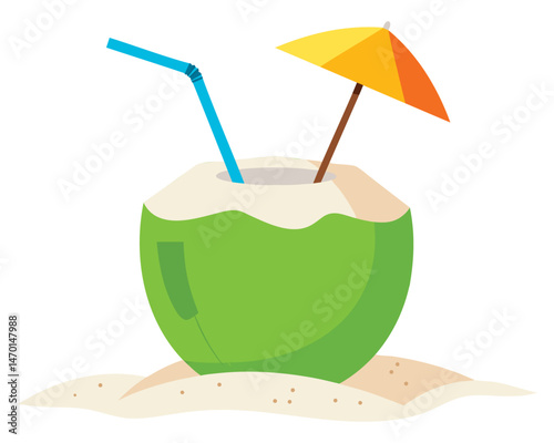 Refreshing Coconut Water Drink on a Beach with Straw and Umbrella for Summer Vibes