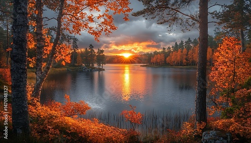 Fototapeta Naklejka Na Ścianę i Meble -  Autumnal sunset over a serene lake in a wooded area.