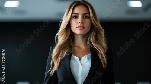 A businesswoman with cascading hair confidently stands in a professional environment  illustrating the themes of empowerment and resilience in today s corporate landscape.