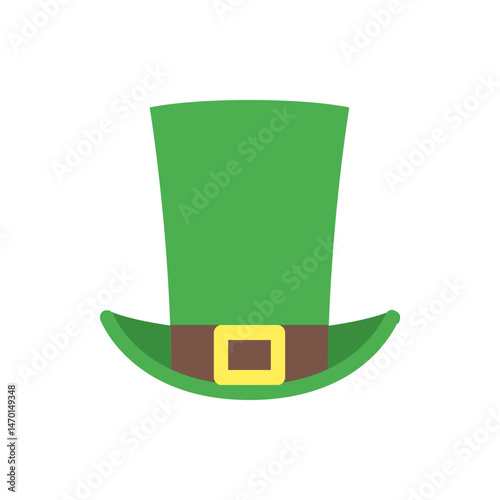Illustration of a green leprechaun hat with a brown band and yellow buckle against a white background