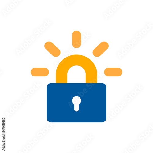 Illustration of a blue padlock with an orange shackle and radiating orange shapes around it on white background