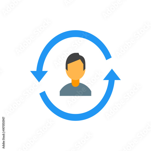 Person icon surrounded by a circular blue arrow indicating a continuous process or feedback loop concept