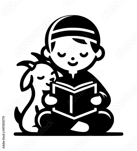 Minimalist Boy and Goat Reading book Logo