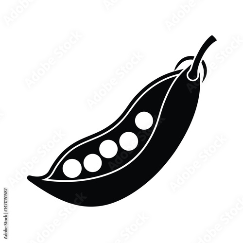 Simple black and white illustration of a pea pod with five peas isolated on a white background