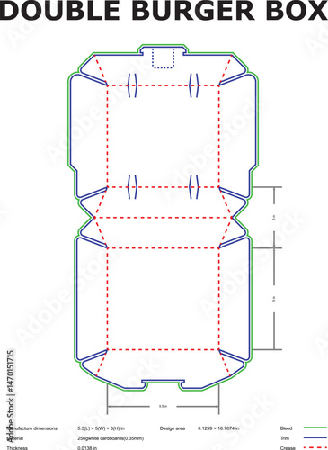 Double burger box packaging template layout with dimensional specifications and material information