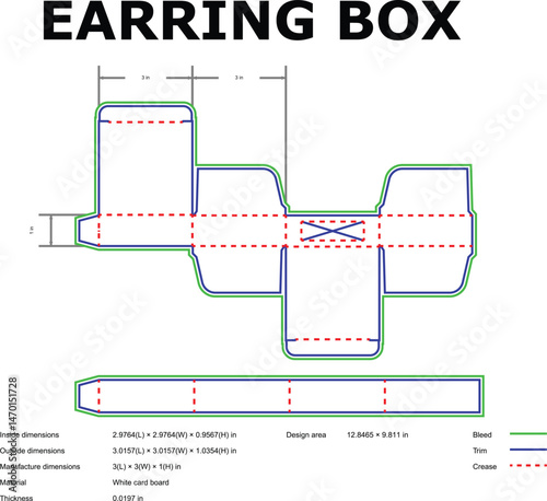 Detailed flat design of an earring box cutout with dimensions and bleed, trim, and crease lines
