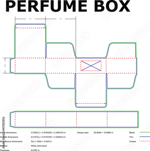 Detailed blueprint for perfume box packaging die cut design showing dimensions and manufacturing specifications