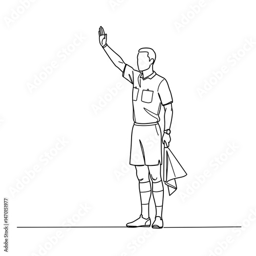 Linesman with a raised arm and flag in a minimalist line art illustration