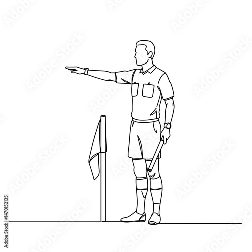 Linesman at corner flag signaling in a minimalist line art illustration