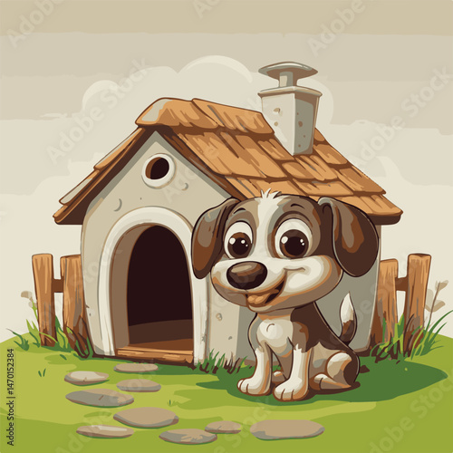 Happy Cartoon Puppy Sitting Outside Doghouse In A Garden Surrounded By Picket Fence And Green Grass