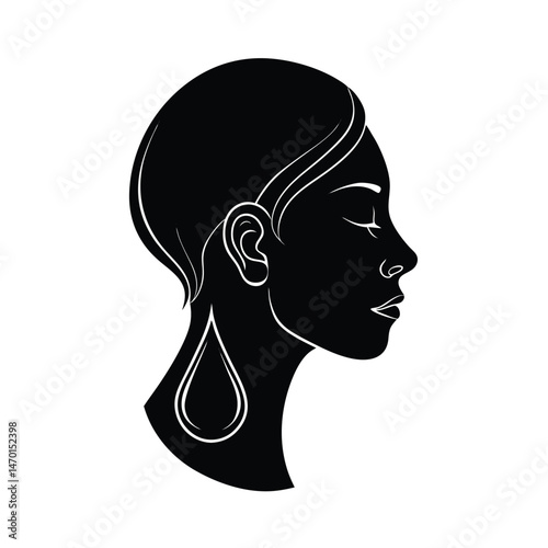 Elegant silhouette of a woman in profile featuring a teardrop earring artistic line design