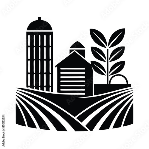 Black and white agricultural farm scene depicting silo barn plant and harvested fields