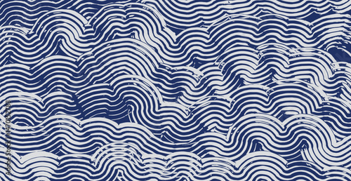 Crafted hand drawn ink brush lines abstract waves and water pattern, Japanese, ethic, tribal wood carving, sculpting texture background in white and traditional blue, simple graphic for carpet