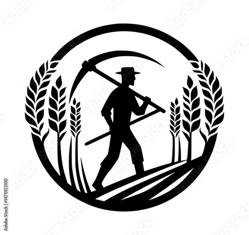 Wheat Farmer Walking Scythe Logo Black Vector