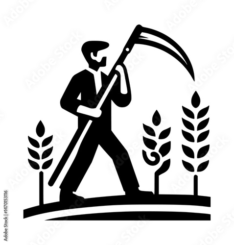 Organic Wheat Farmer Scythe Icon Logo Black Vector