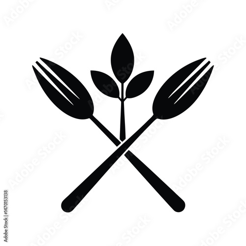 Simple elegant vegan vegetarian healthy eating concept design with crossed forks and leaves