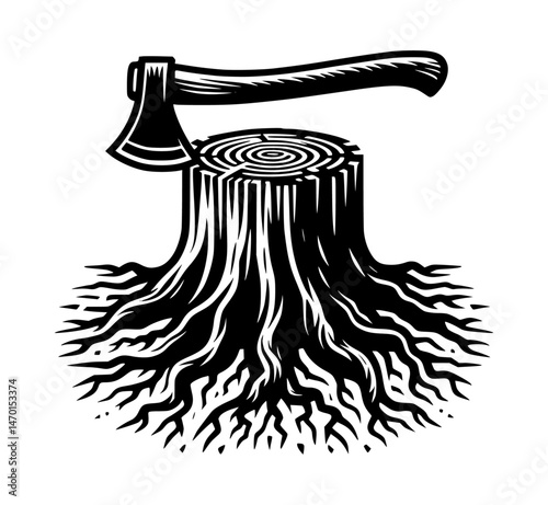 Old Tree Stump Axe Icon Logo